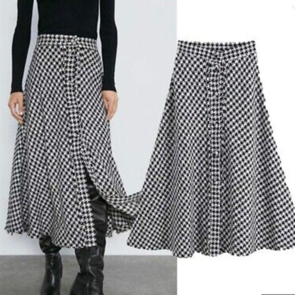 ZARA Women Black White Houndstooth Tweed A-Line Midi Buttons Skirt ASO Kate Midd - Picture 2 of 8